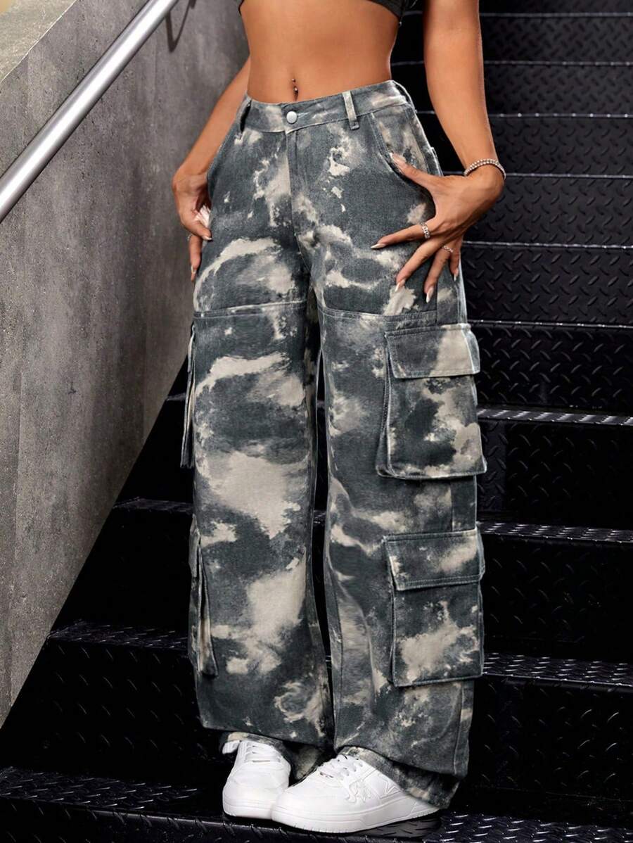 SHEIN ICON Women's Tie-Dye Casual Cargo Jeans