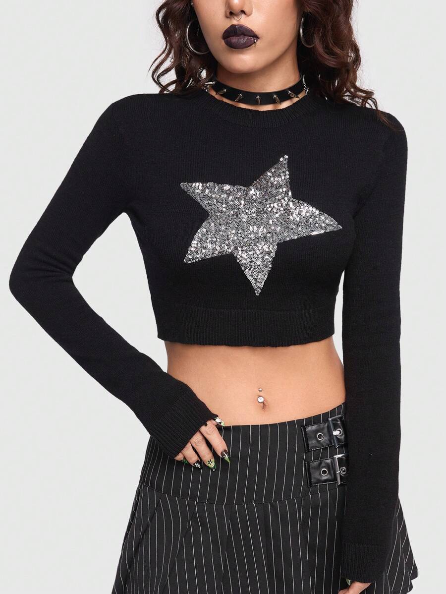 ROMWE PUNK Women's Glitter Star Pattern Long Sleeve Sweater