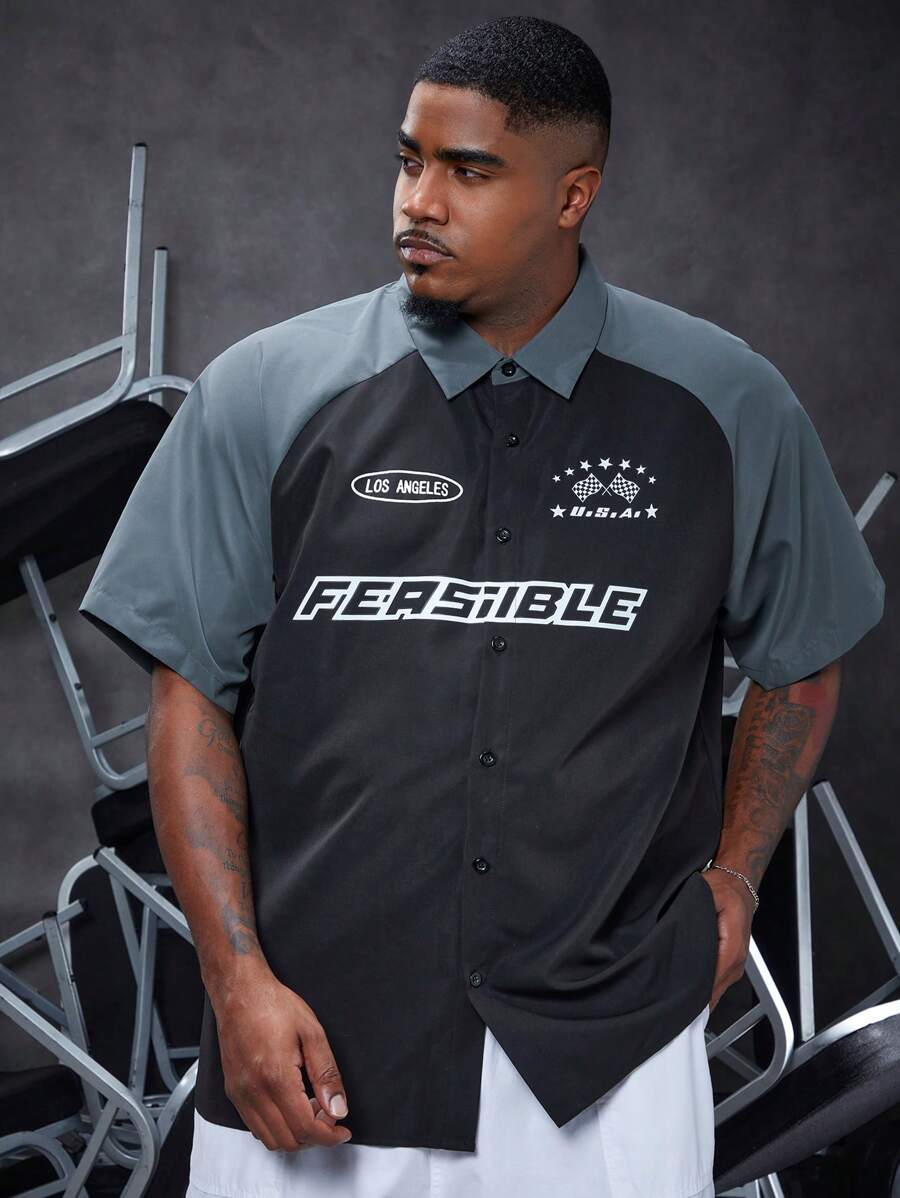 Manfinity LEGND Men's Plus Size Loose Colorblock Raglan Sleeve T-Shirt With Letter Print