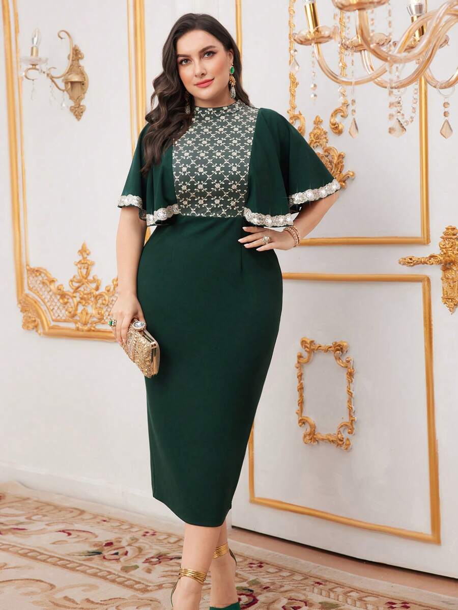 Modelyn Robe de soirée longue grande taille avec broderie, patchwork et bretelles pailletées