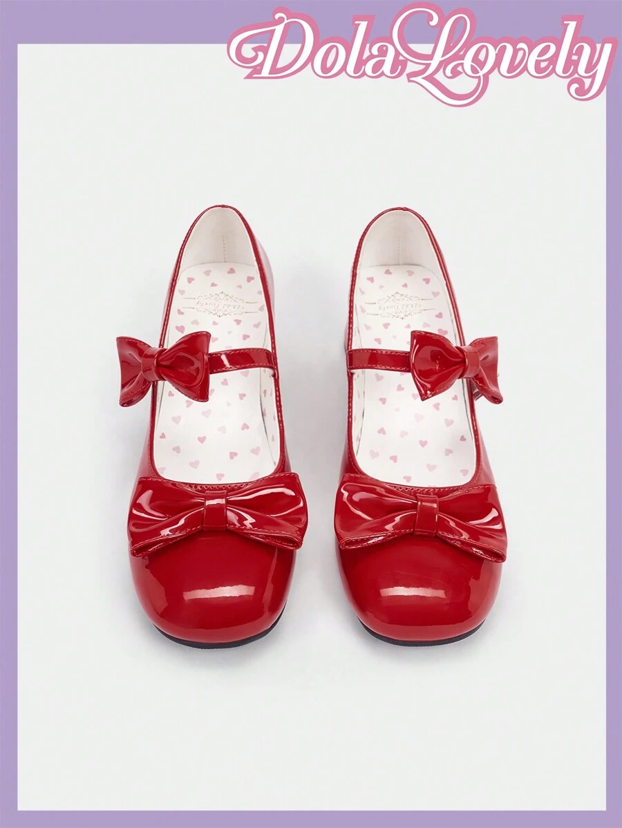 Dola Lovely Red Bow & Heart Shaped Mary Jane Shoes For Women, Lolita Style, Chunky Heel, Fashionable Lady High-Heeled Pump