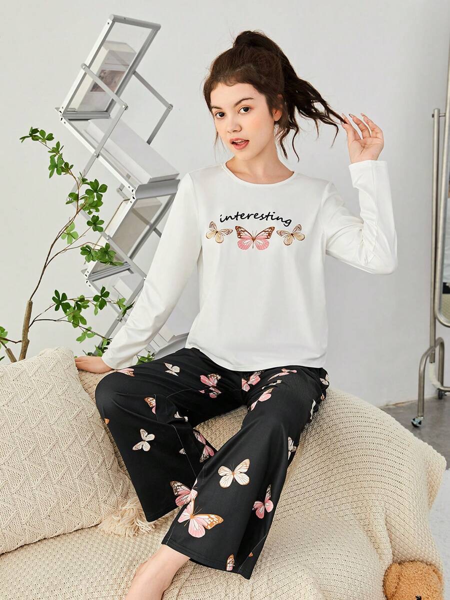 SHEIN Camiseta Con Estampado De Letras Y Mariposas Para Chicas Adolescentes Y Pantalones Largos Ropa Para El Hogar