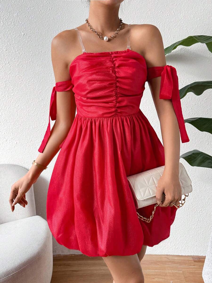 Chiquease Dress With Pleated Detail And Transparent Shoulder Straps