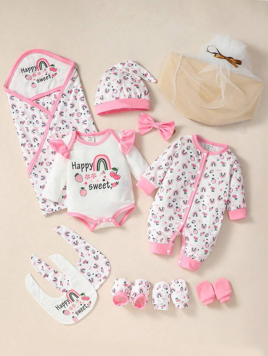 SHEIN Cute Newborn Baby Gift Set With Fruit & Rainbow Print Long Sleeve Bodysuit And Jumpsuit, Unisex Casual Style, For Spring/Summer Seasons