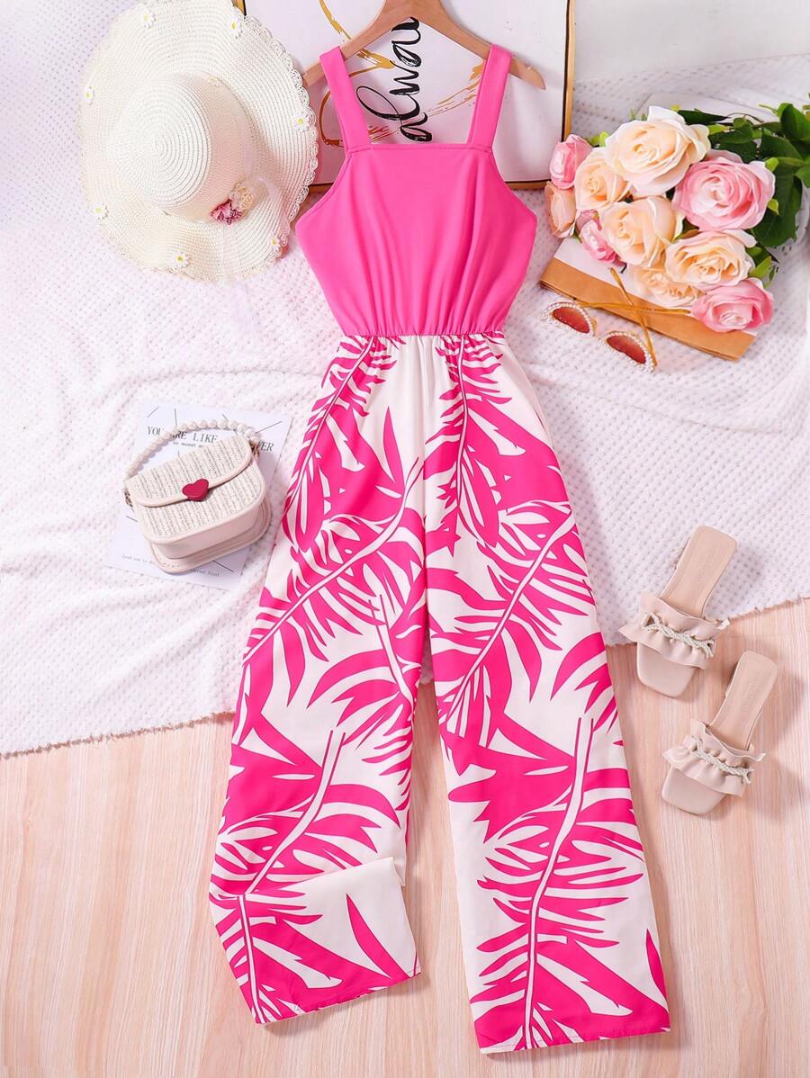 SHEIN Jumpsuit Colorblock com Estampa de Folha Tropical e Perna Larga para Adolescentes, Adequado para o Uso Diário e Férias