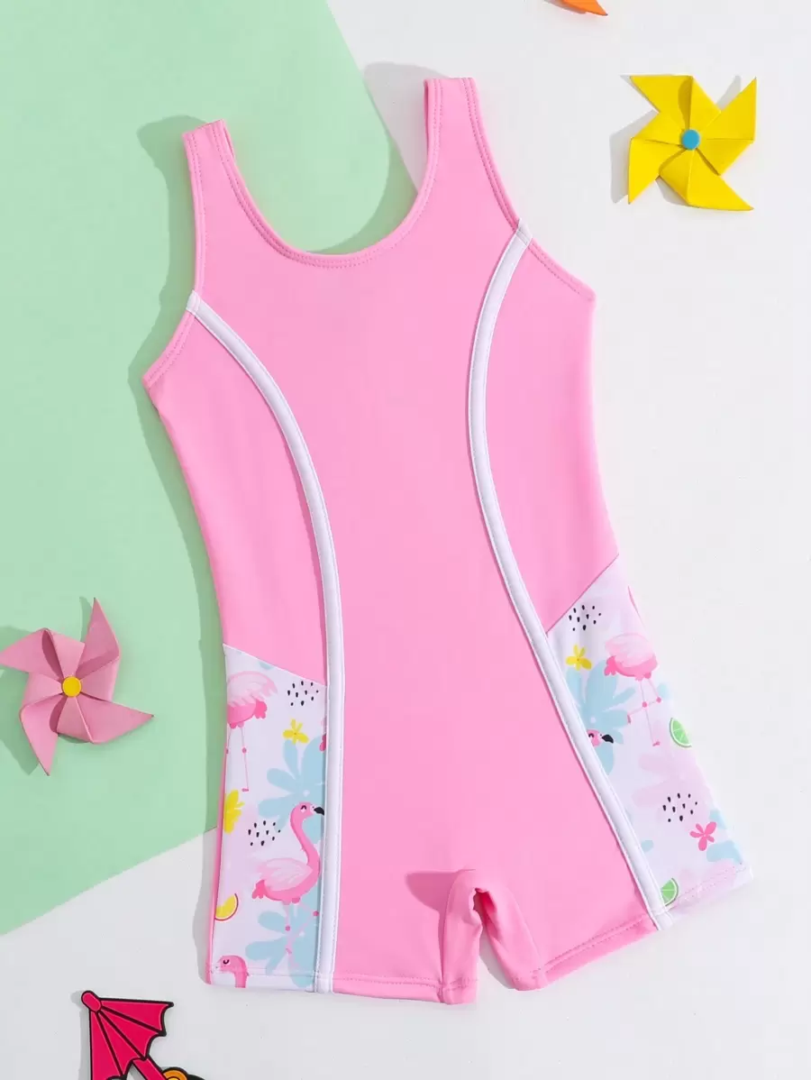 SHEIN Traje de baño de una pieza para niñas con estampado de dibujos animados y bloques de color con ribete contrastante