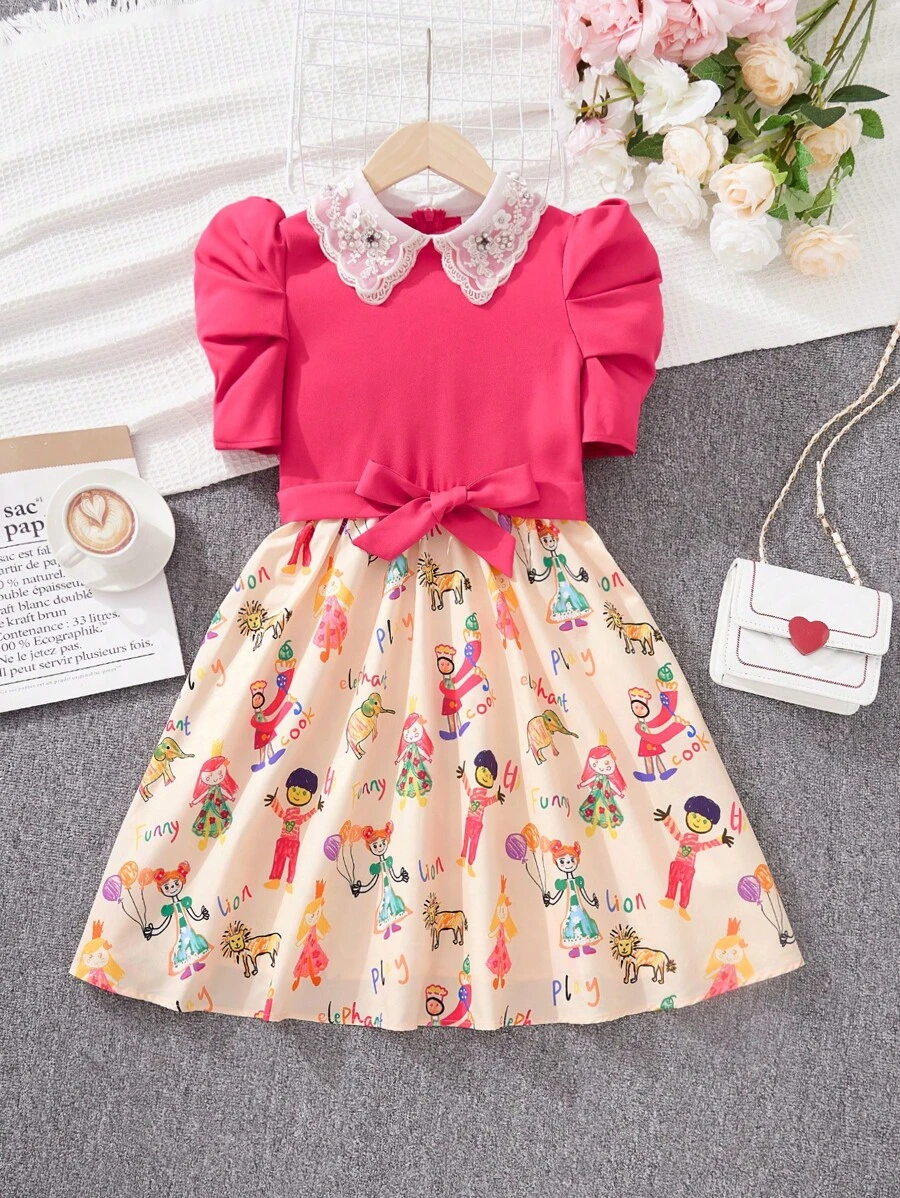 SHEIN Rochie pentru fete Tween, vintage, cu model de desene animate, broderie cu flori, cu guler răsturnat, cu mâneci bufante
