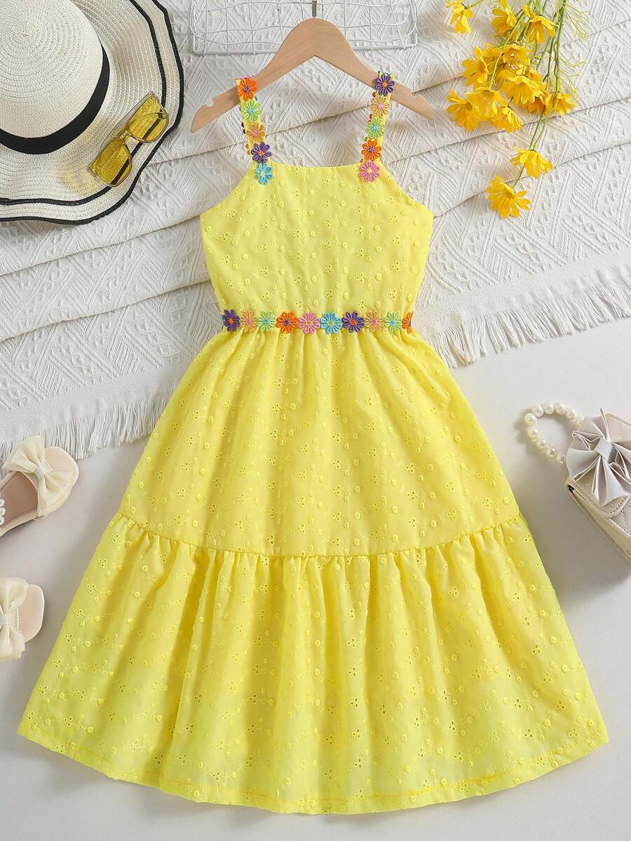 SHEIN Tween-Mädchen - helles gelbes Blumenkleid aus strukturierter Stoff mit Schulterriemen für den Urlaub im Sommer dekoriert