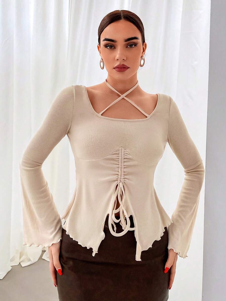 SHEIN Privé Camiseta De Mujer Con Tirantes Cruzados Con Cordón Y Cuello Halter