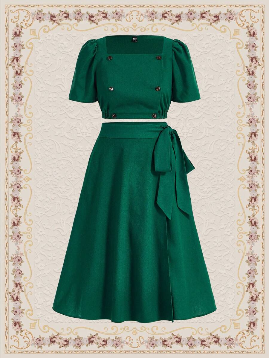 Vintamour Crop Top & Puff Short Sleeve Square Neck Top And Skirt Set