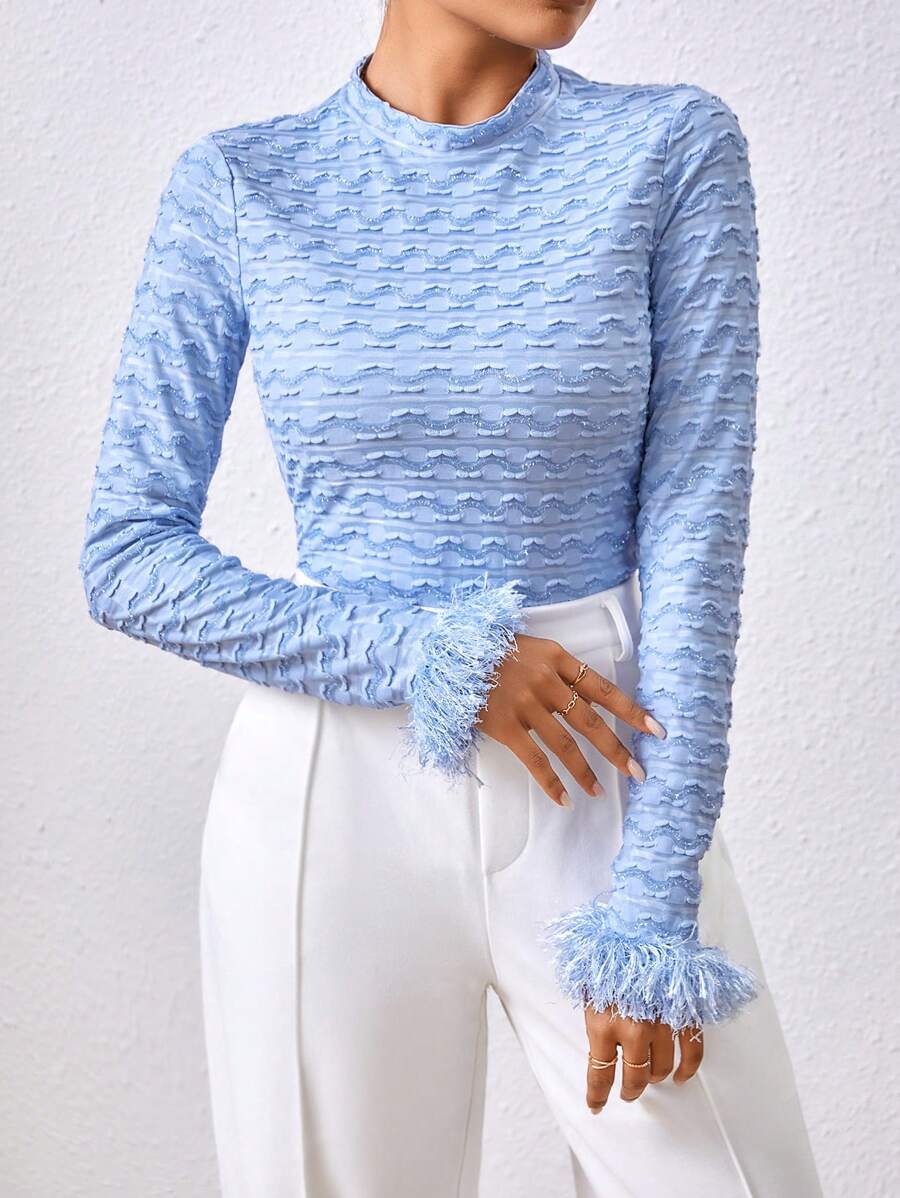 SHEIN Privé Women's Solid Color Textured Fuzzy Sleeve Cuff T-Shirt