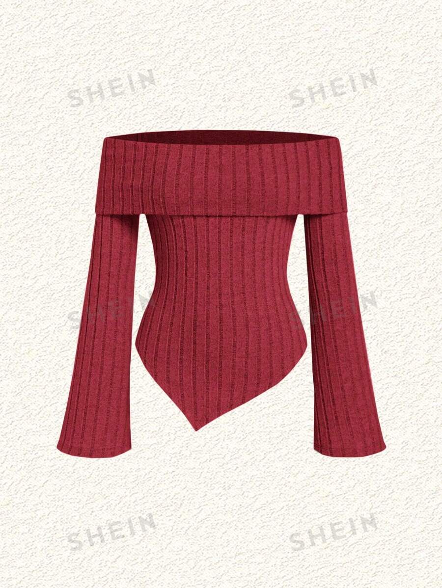 SHEIN EZwear Camiseta De Mujer De Hombros Descubiertos De Punto