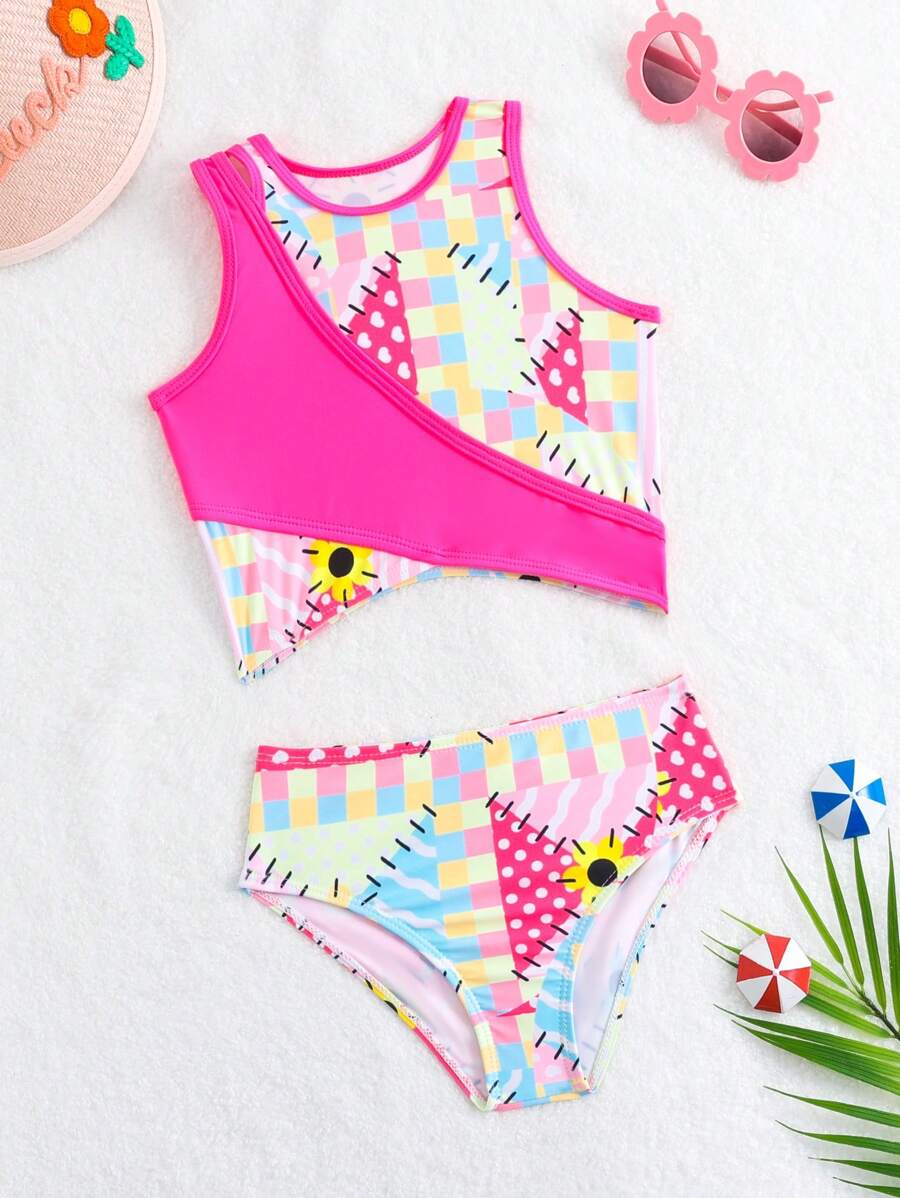 Conjunto De Biquíni Com Estampa Xadrez E Alças No Pescoço Para Jovens Meninas