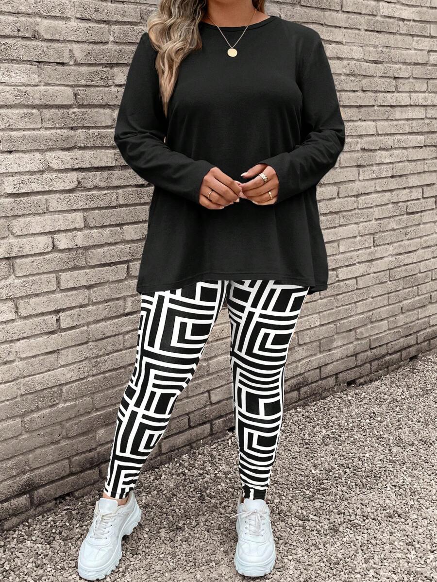 SHEIN LUNE Plus Size Green Solid Color Long Sleeve T-Shirt & Camouflage Pants 2pcs Set Fall Women Clothes Fall 2pcs Set