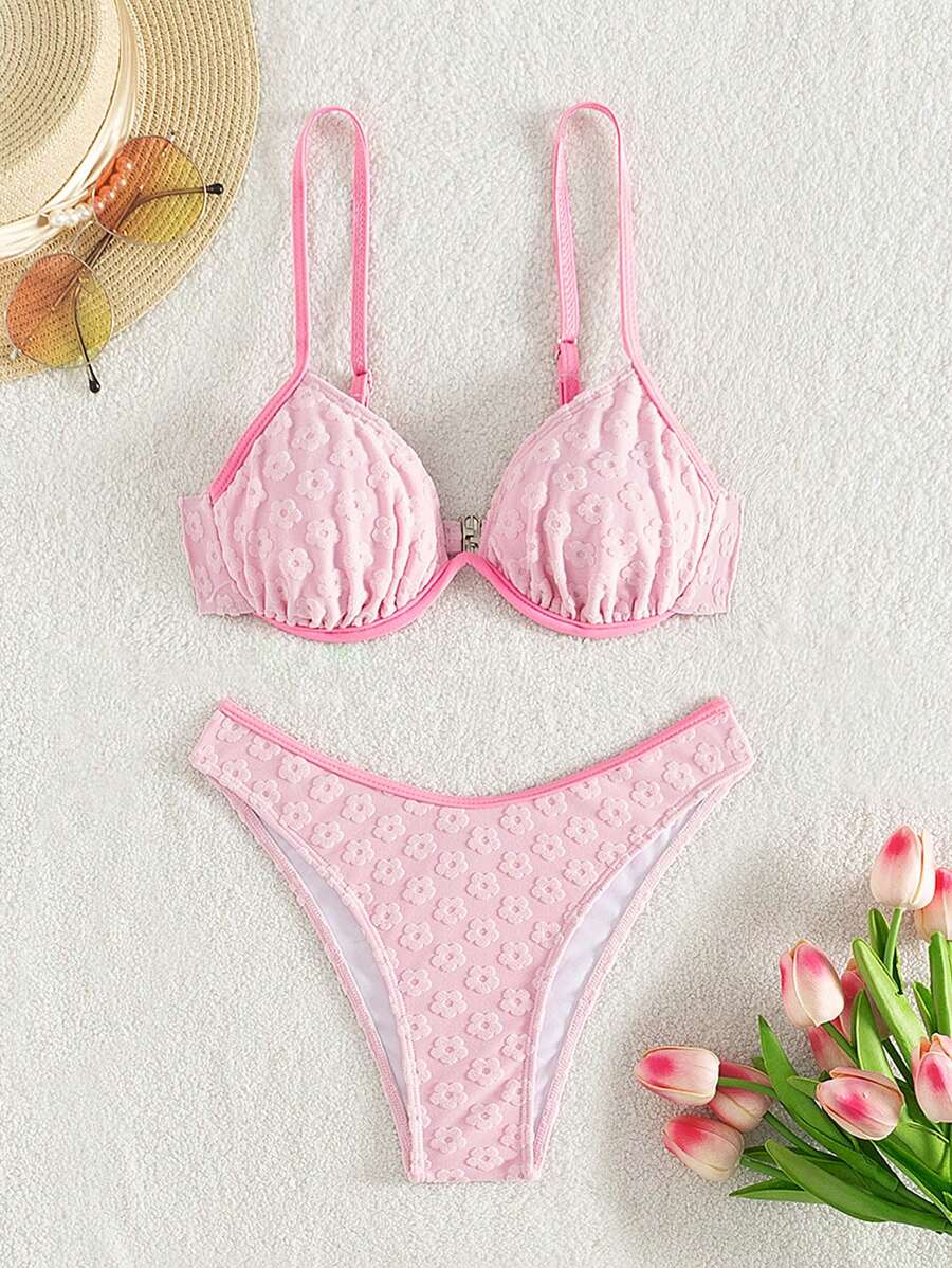 SHEIN Swim Women's Flower Pressed Print Bikini Set Valentine Summer Beach