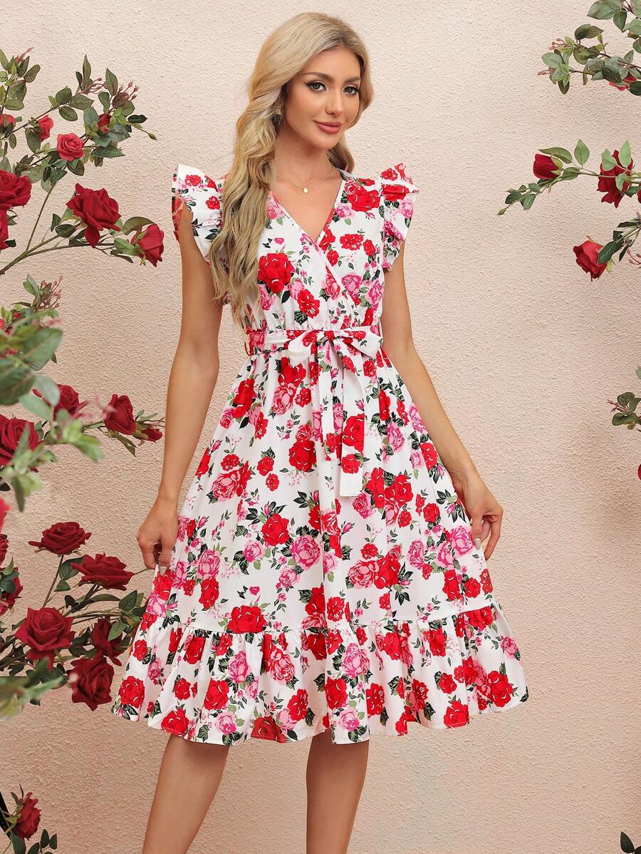 SHEIN Clasi Rose Print Ruffle Hem Dress
