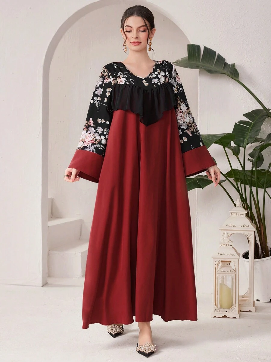 Al Najma Women's Floral Print V-Neck Long Sleeve Color Block Dress