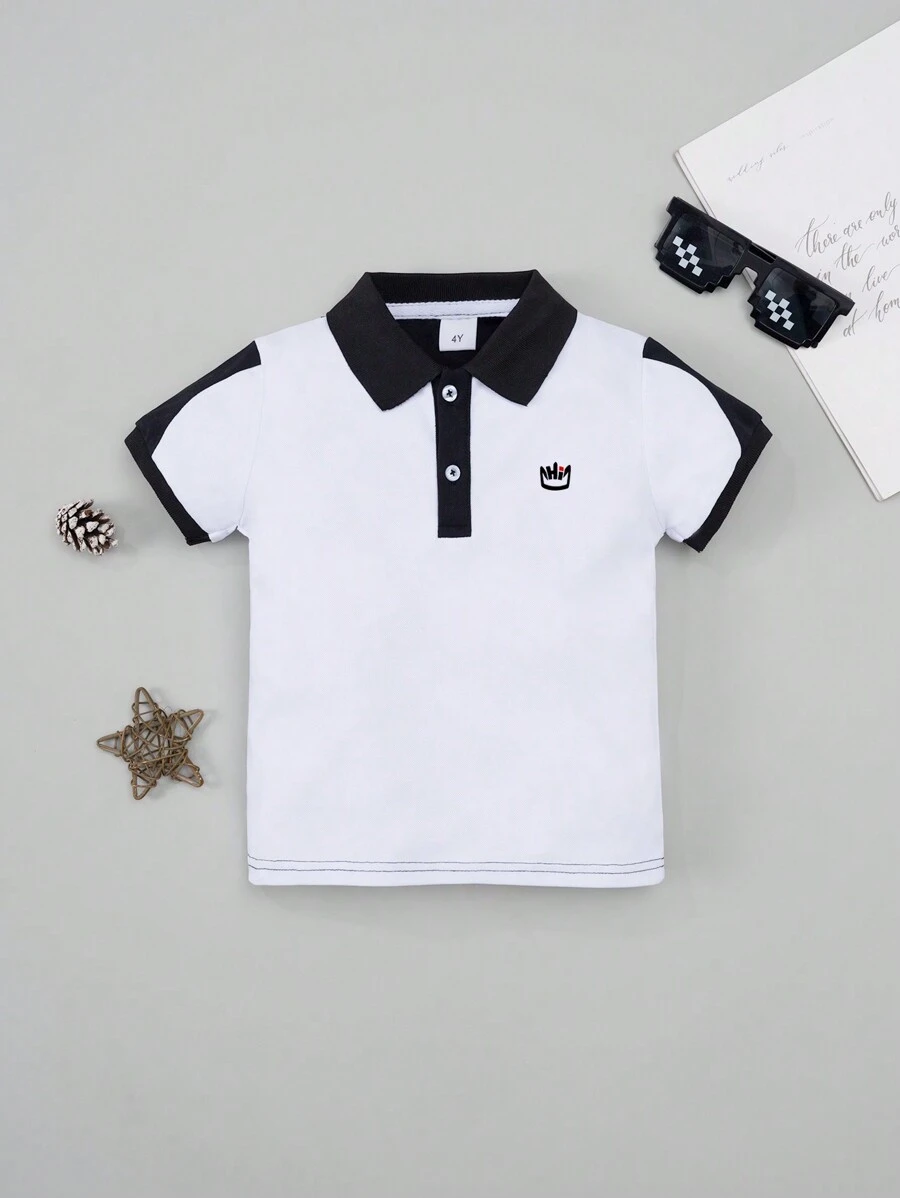 Camisa polo de manga curta com acabamento contrastante para meninos, casual de verão