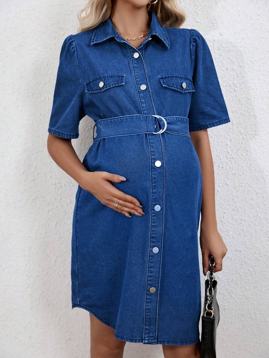 SHEIN Vestido De Mezclilla De Maternidad Con Botones De Solapa