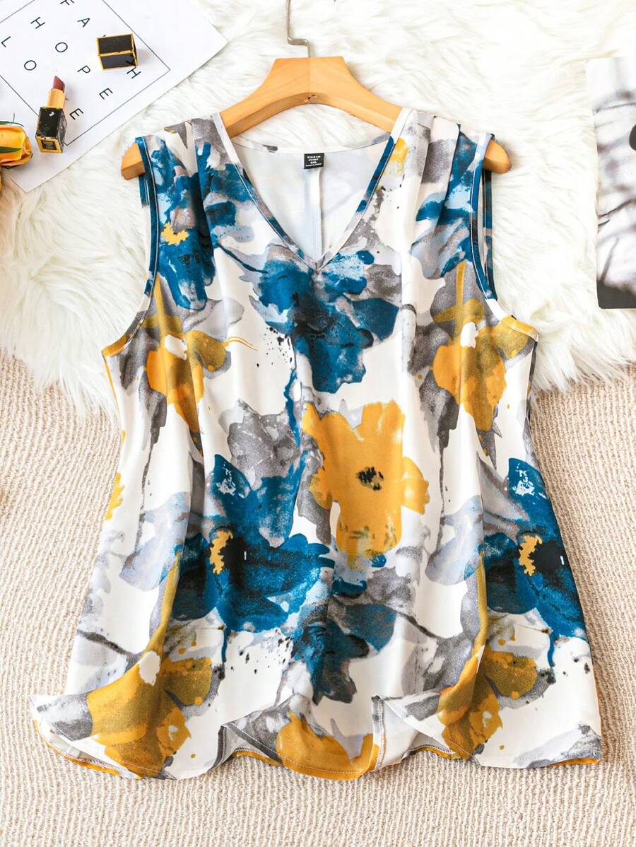 Blusa de flores sin mangas de cuello en V talla grande, verano