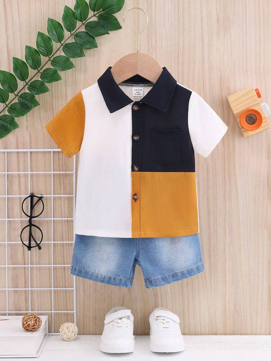 Baby Boy 2pcs/Set Stylish Spring/Summer Outfit, Color Block Short Sleeve Shirt And Washed Denim Shorts