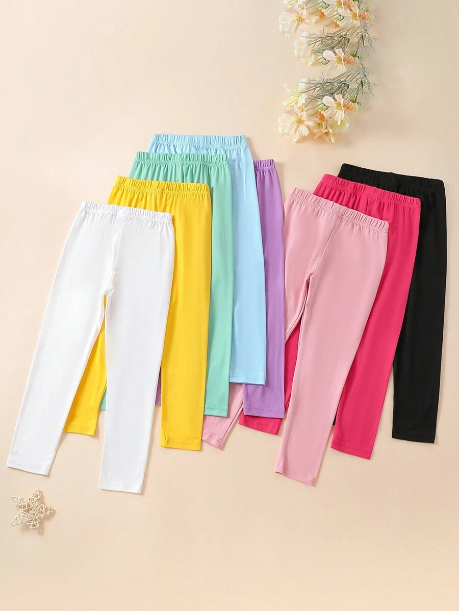 SHEIN 8pcs Young Girls' Simple Solid Color Stretchy High Waisted Long Leggings