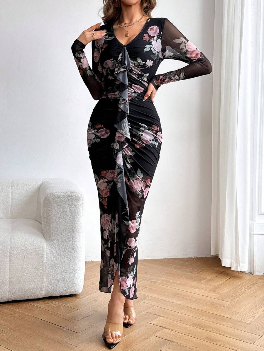 SHEIN Privé Vestido Decorado Con Dobladillo Con Volantes Y Cuello En V Para Mujer
