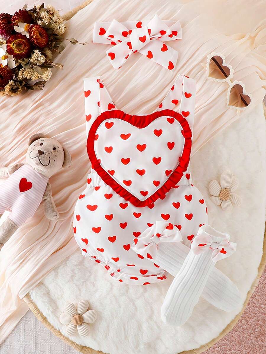 Baby Girl Allover Heart Print Crisscross Back Bodysuit & Headband Without Sock