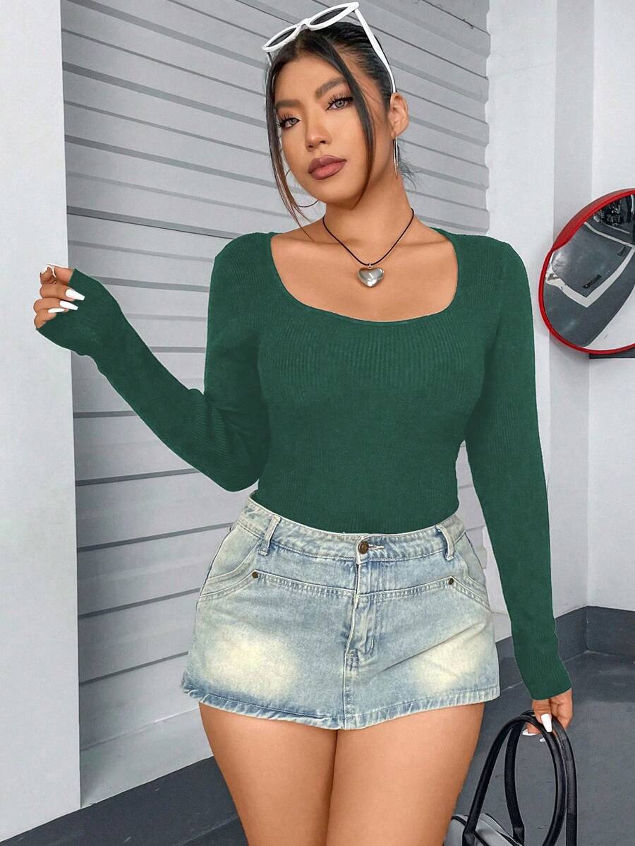 Flirla Plus Size Ribbed Knitted Long-Sleeved Pullover Sweater