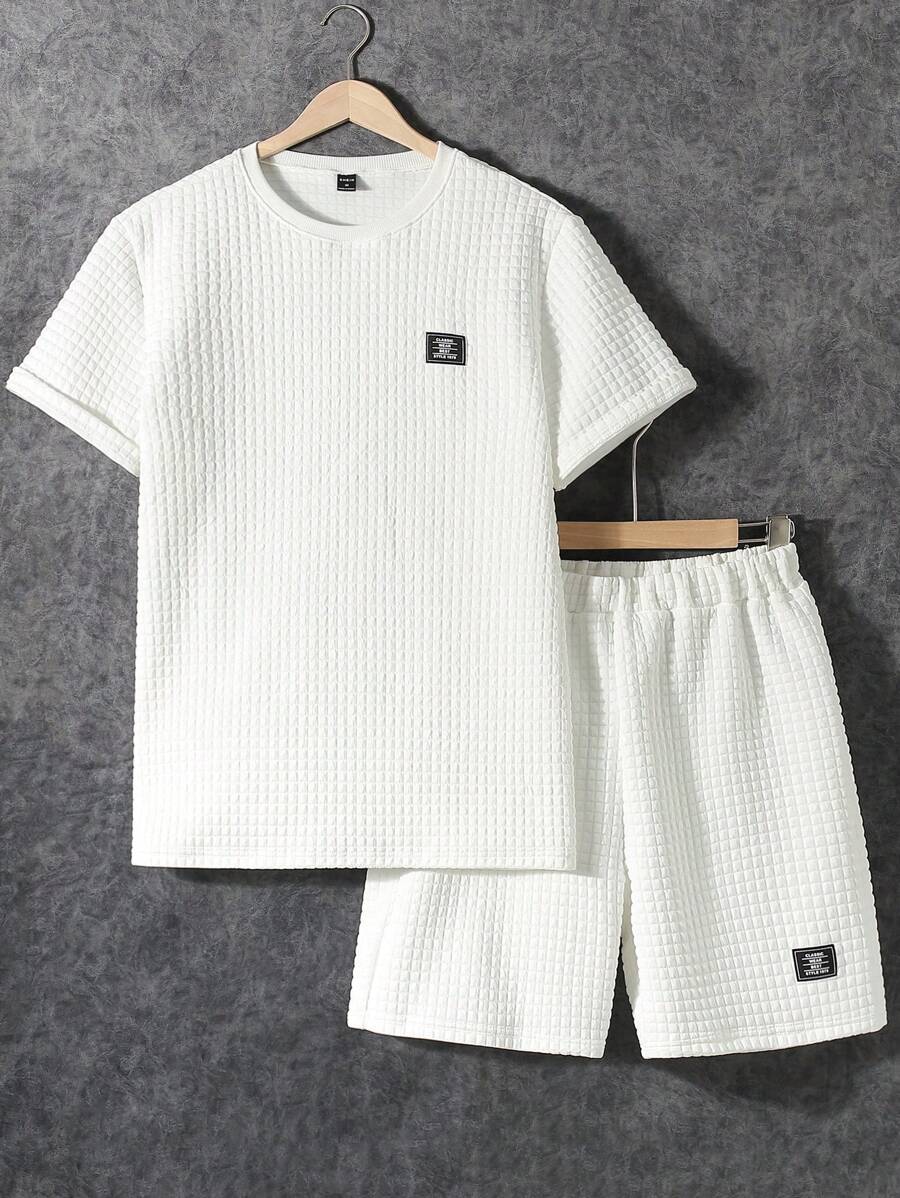 Manfinity T-shirt E Pantaloncini Casual Da Uomo A Maniche Corte Con Toppe Con Lettere E Tessuto Jacquard, Girocollo