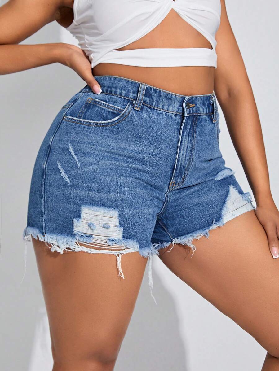 SHEIN SXY Women's Plus Size Vintage Ripped Hole Denim Shorts