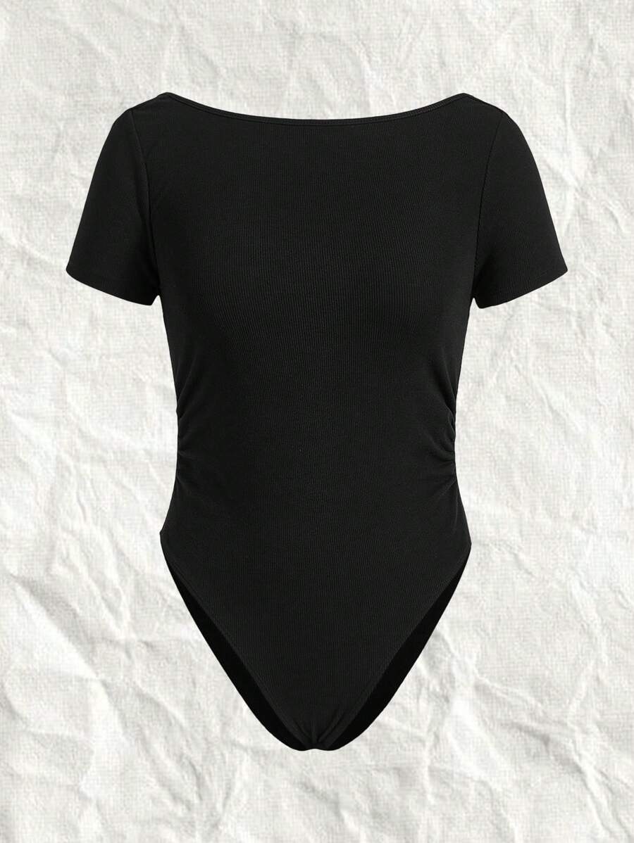 SHEIN EZwear Black Knitted Tight-Fitting Backless Bodysuit