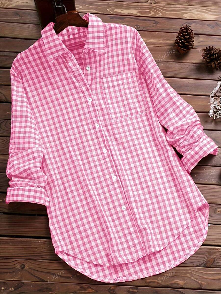 Camisa casual de manga larga con estampado de cuadros vintage para mujer, primavera/verano