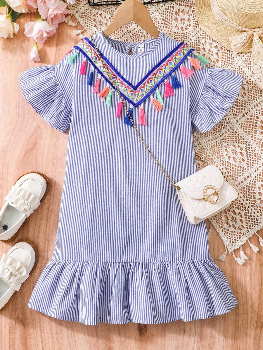 Tween Girl V-Neck Tassel Ruffled Striped Dress