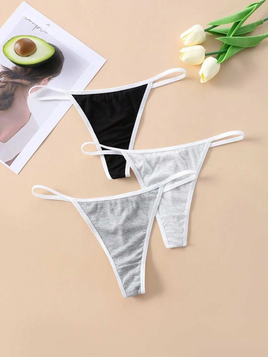 Conjunto de 3 piezas de tanga sexy para mujer con ribete de contraste