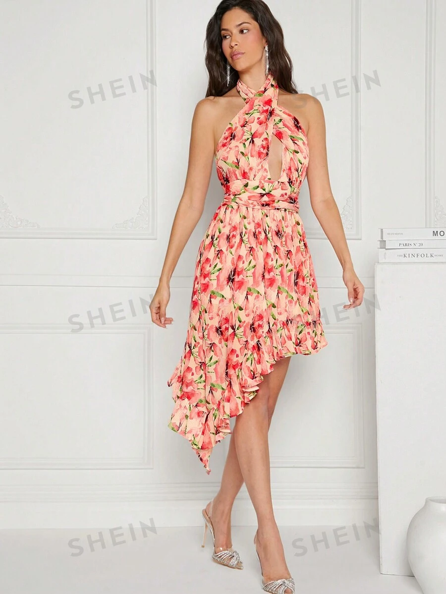 Hauture Vestido Floral Plisado Con Volantes Y Halter