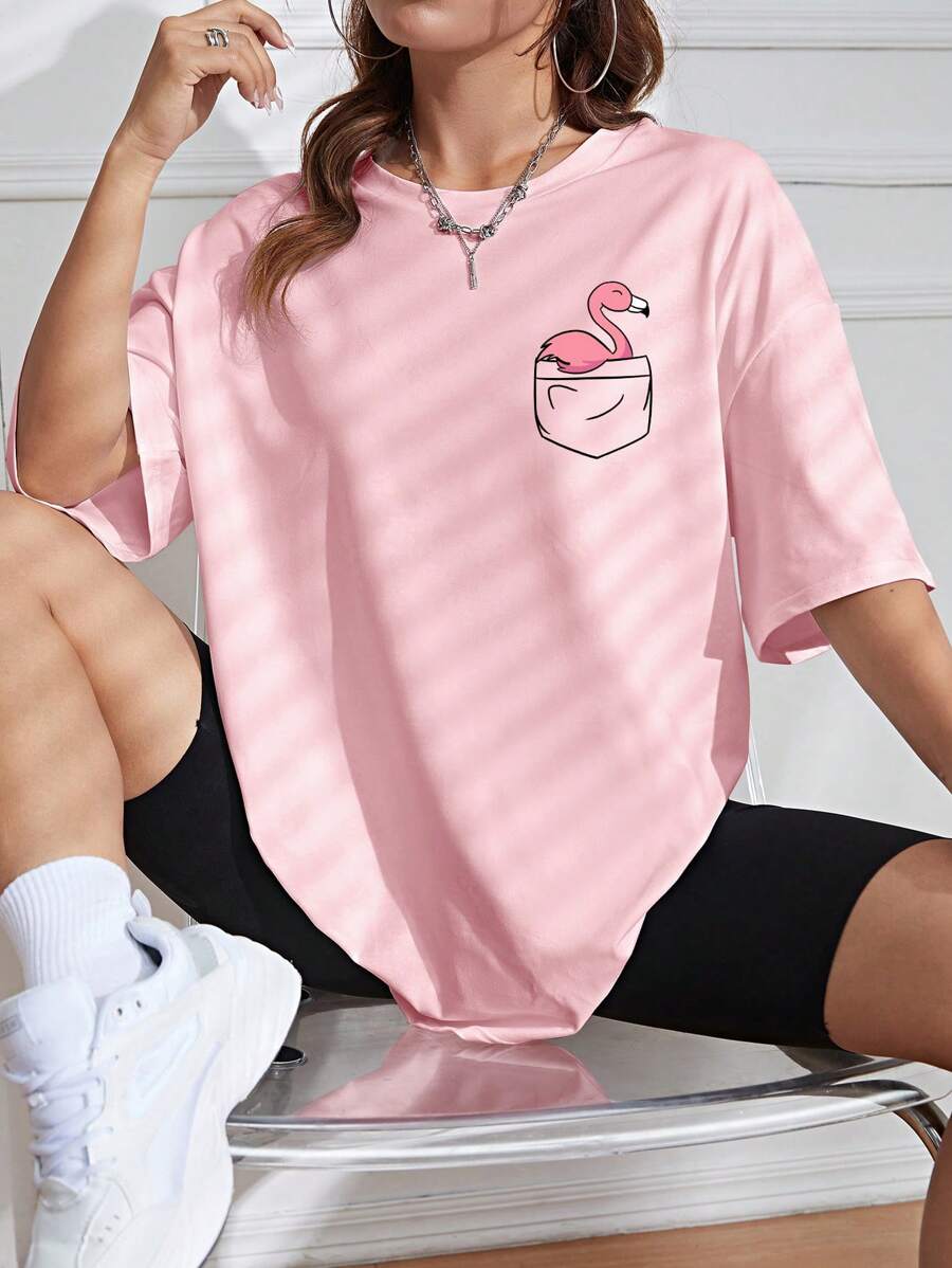INAWLY Women's Cartoon Printed Drop Shoulder T-Shirt Graphic Tees Women Tops