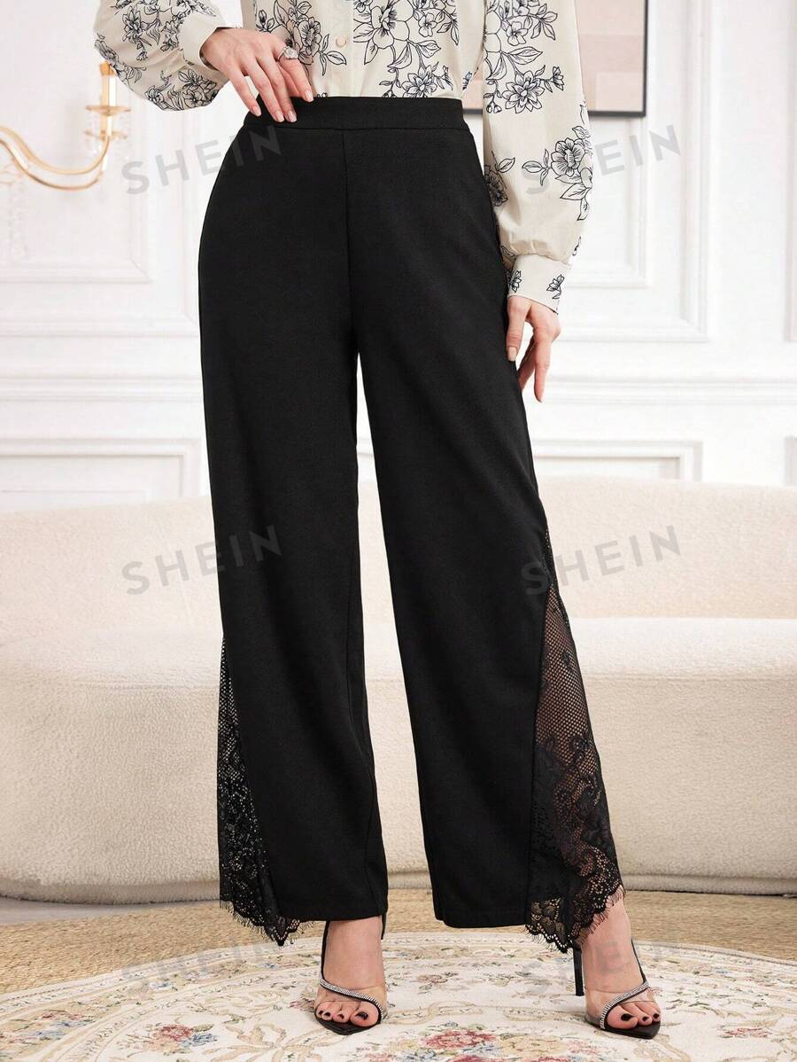 Modelyn Pantalones Anchos Casuales De Color Sólido Con Encaje