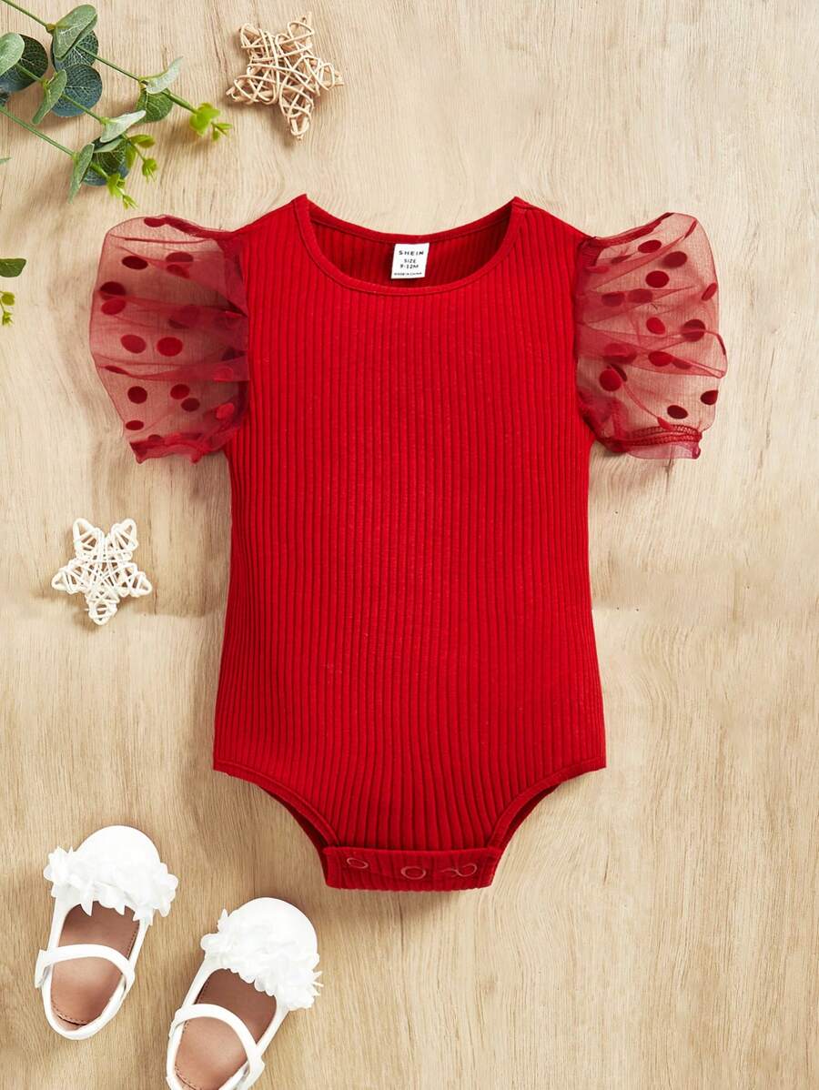 SHEIN Baby Girl Polka Dot Mesh Puff Sleeve Rib-Knit Bodysuit