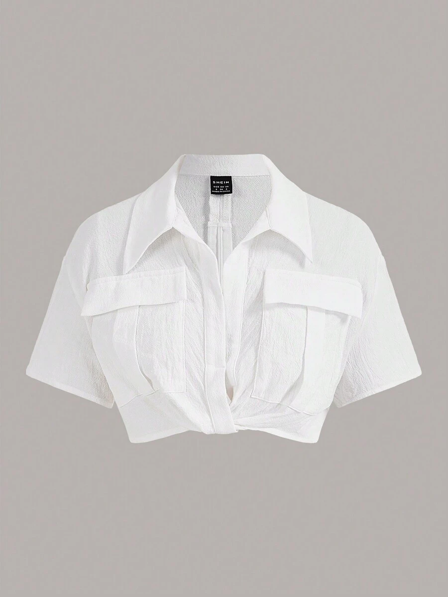 SHEIN EZwear Summer Going Out Tweaking In The Front Flap Pocket Drop Shoulder Crop White Shirt,Short Sleeve Tops