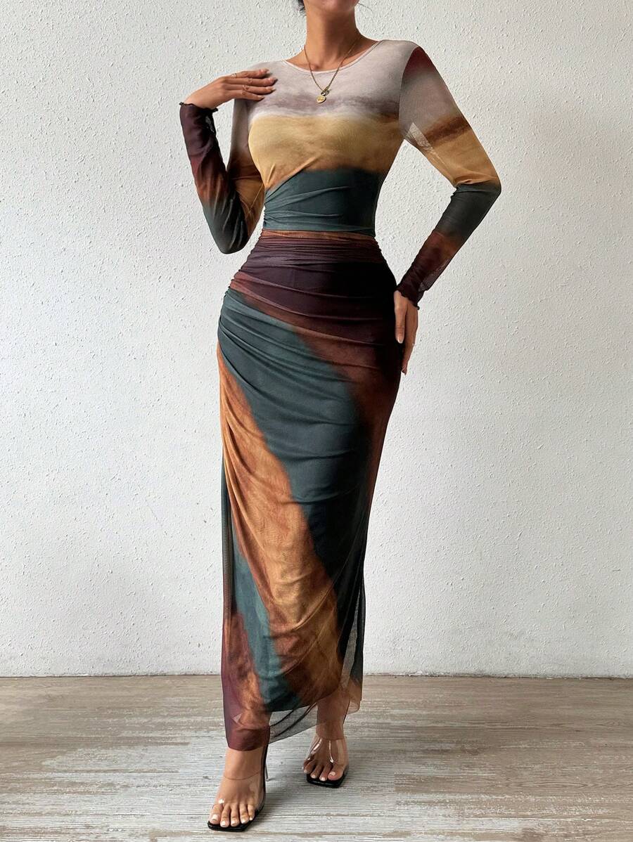 Allurite Tie-Dye Long Sleeve Dress Maxi Women Outfit