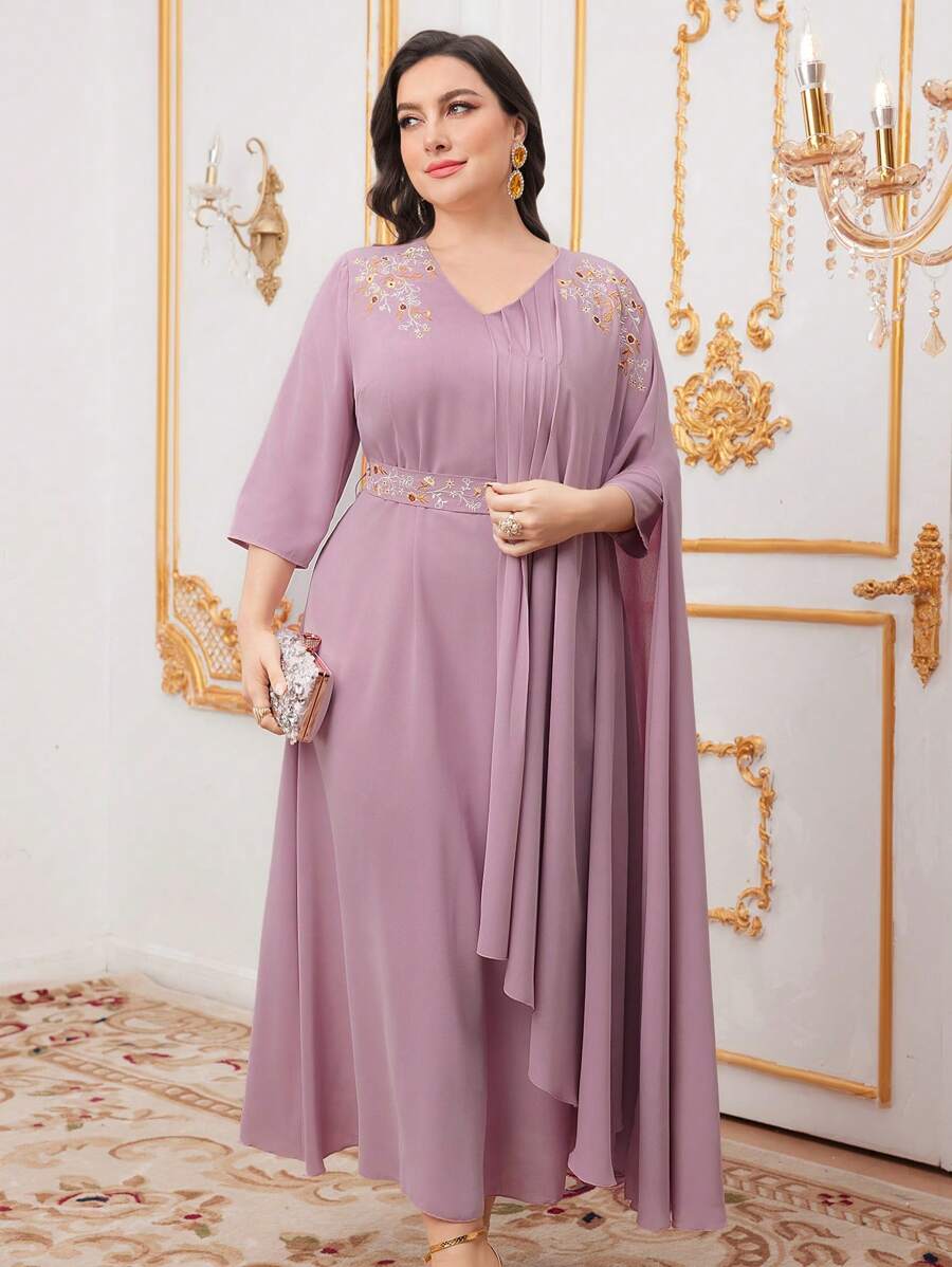 Modelyn Plus Size Floral Embroidery V-Neck Dress