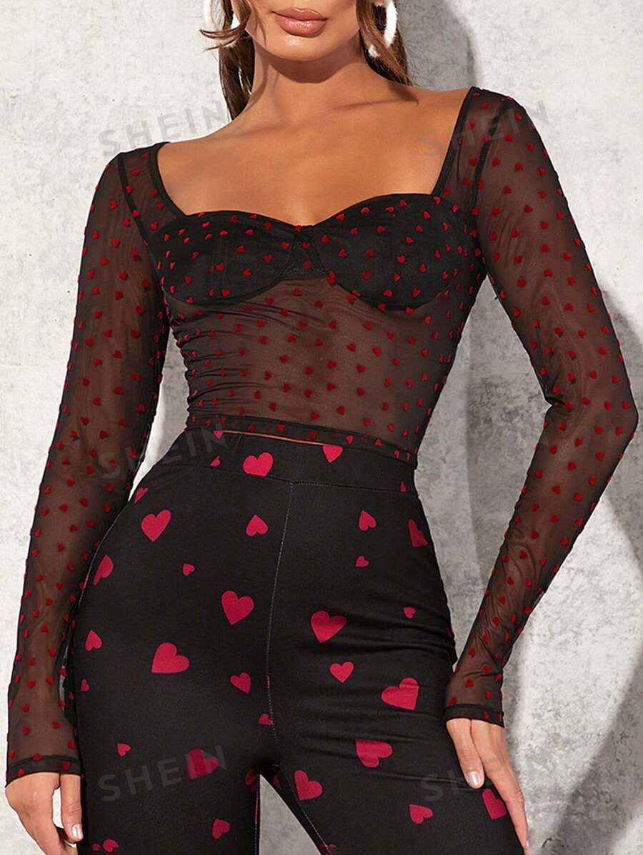 SHEIN Tall Tricou cu mânecă lungă din plasă inimă pentru femei