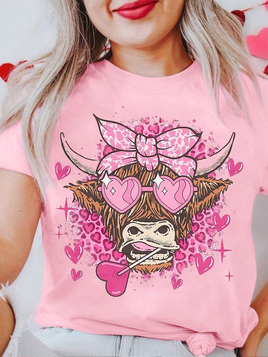 INAWLY Camiseta de verano de manga corta para mujer talla grande con estampado de cabeza de vaca y corazón