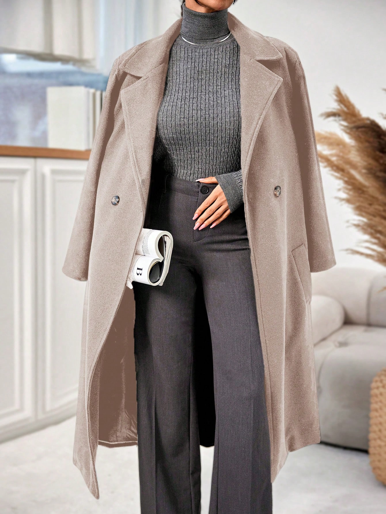 RueChic Dames effen kleur staande kraag lange mouw dubbelrijs casual overjas, herfst/winter