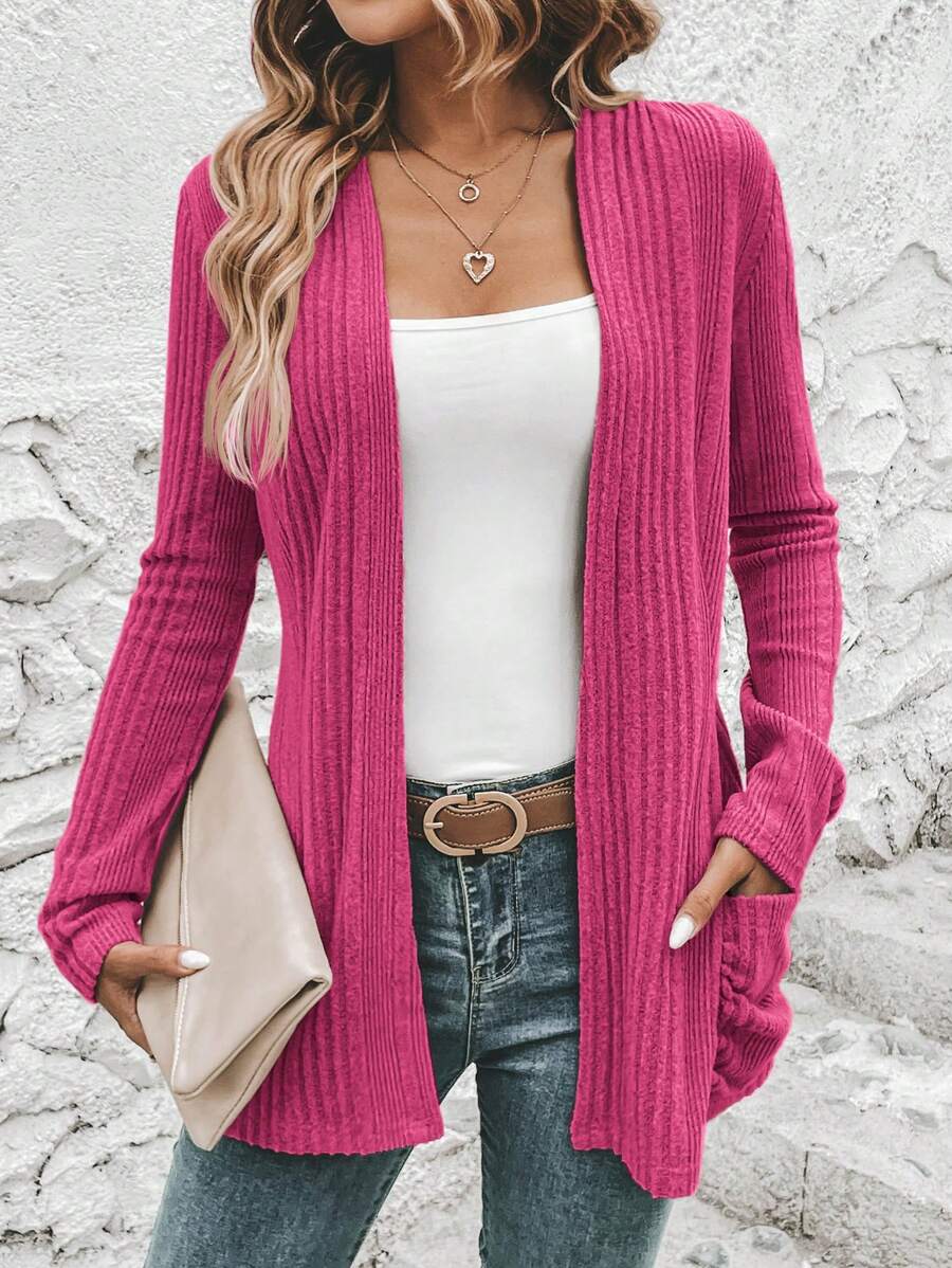 EMERY ROSE Chaqueta De Punto Acanalado De Ajuste Regular Con Doble Bolsillo En Color Sólido Informal Para Mujer