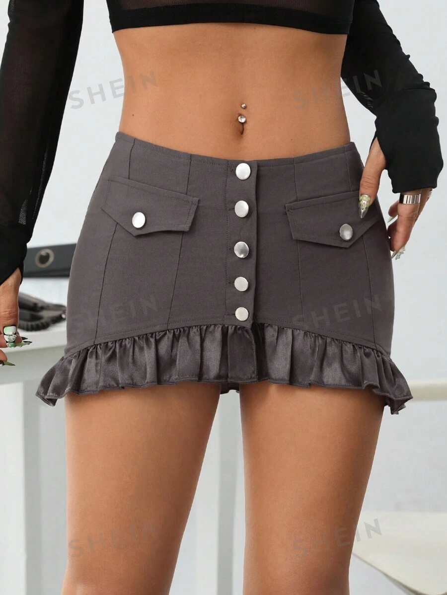SHEIN ICON Falda Súper Mini Con Volantes Y Dobladillo De Encaje De Baja Altura Para Mujeres