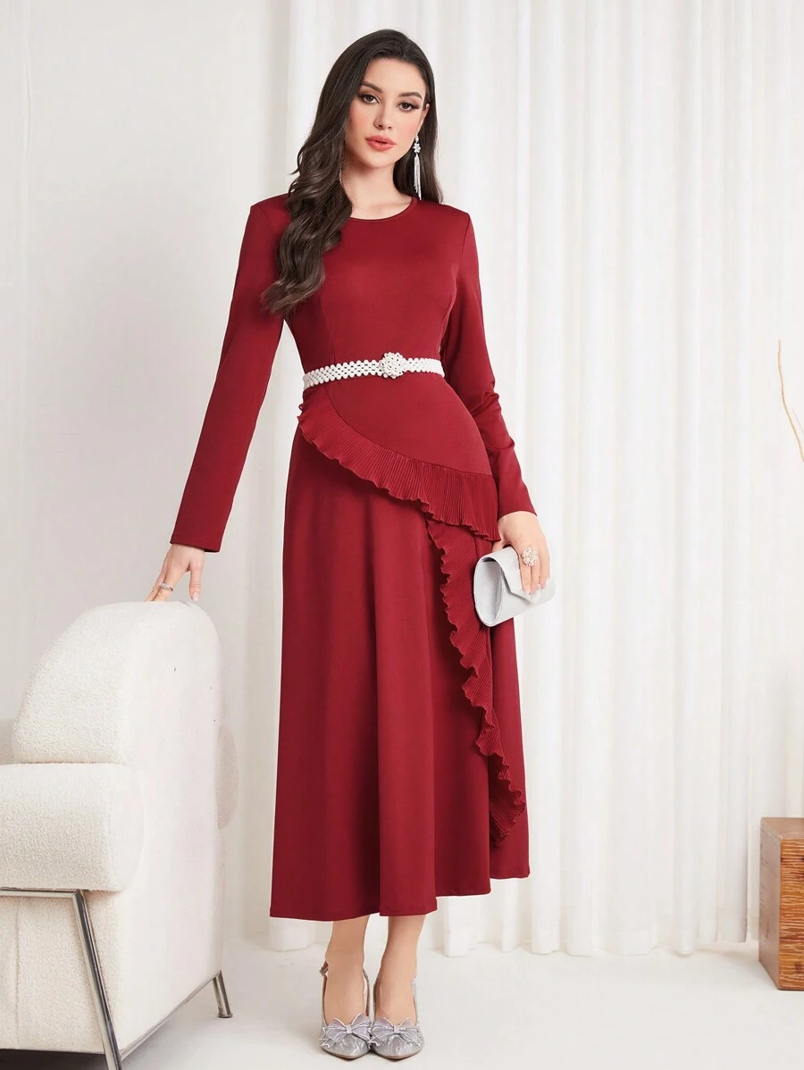 Modelyn Burgundy Red Women'S Solid Color Ruffle Trimmed Dress Long Evening Dresses