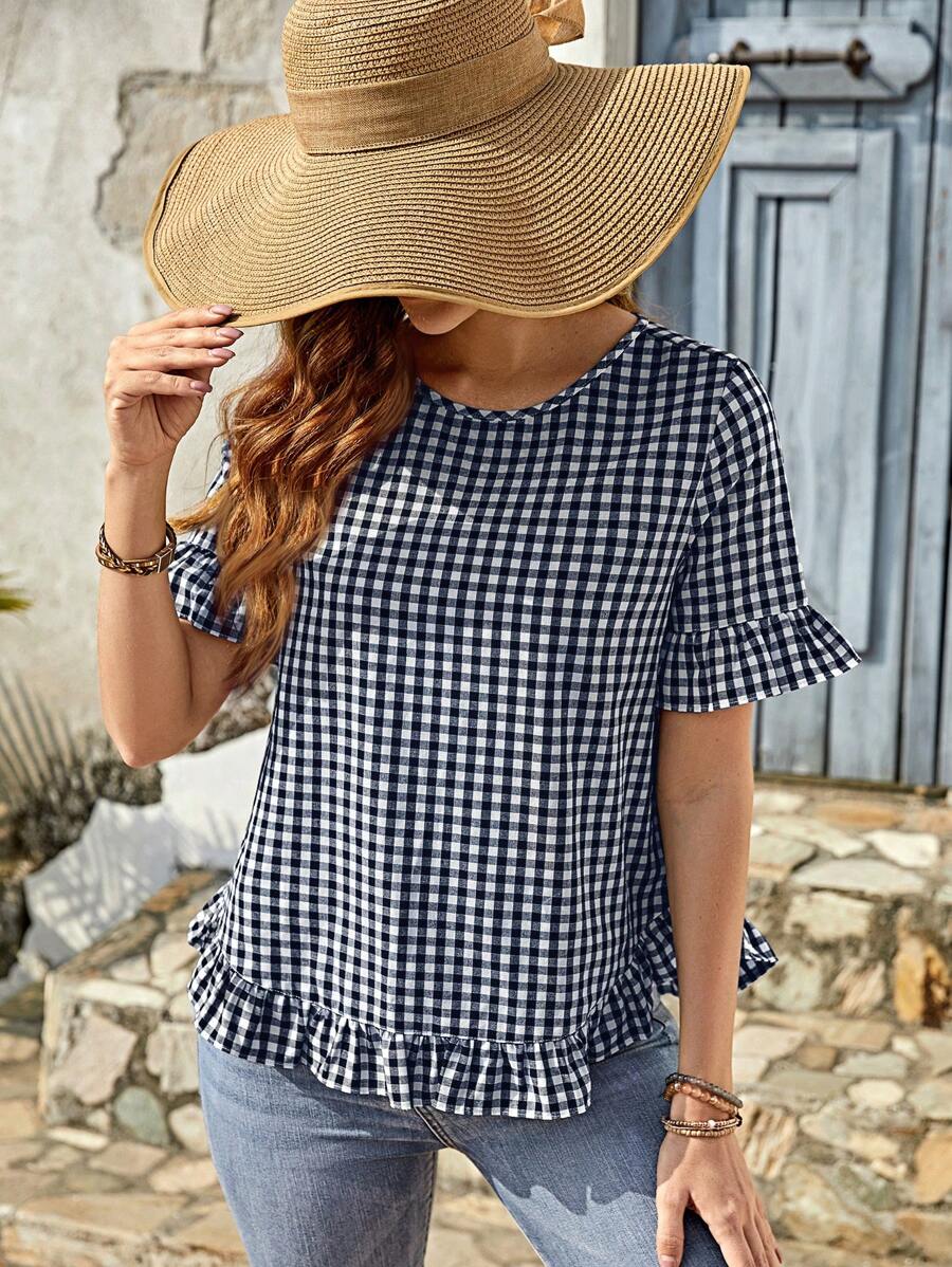 EMERY ROSE Women's Black And White Plaid Print Ruffle Trim Short Sleeve Round Neck Summer Blouse