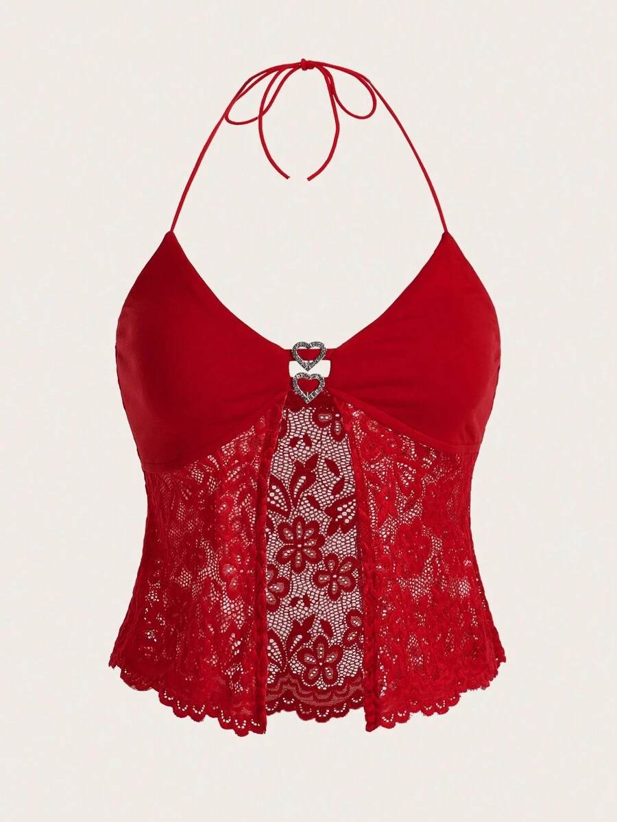 SHEIN ICON Slim Fit Lace Patchwork Halter Neck Top